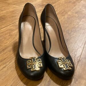 Tory Burch Black Wedges with Gold Logo
